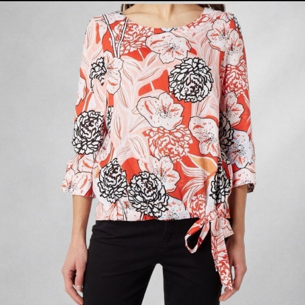 Christian Berg Woman Blouse M Floral Tie Side Pure Linen Multicolor